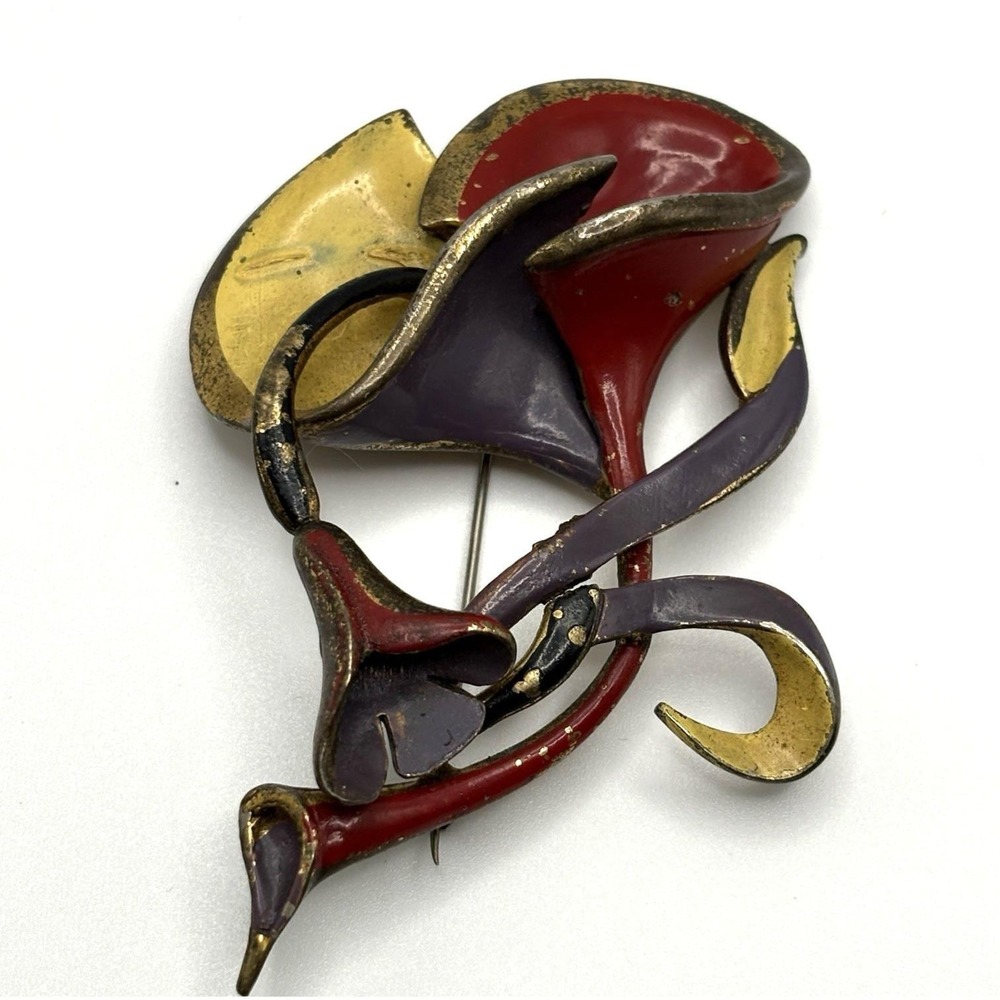 Vintage Pot Metal Brooch Flowers Calla Lily Hand Painted Red Purple Yellow